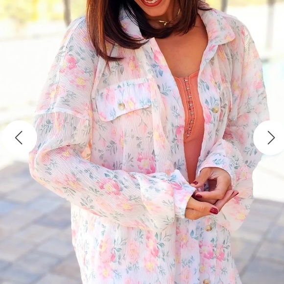 BiBi Floral Pattern Wrinkle Sheer Oversized Shacket Ivory/Blush Size M - Picture 2 of 5